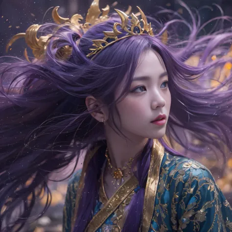 Genki Girl 32K（tmasterpiece，k hd，hyper HD，32K）Long flowing bright purple hair，Autumn Pond，zydink， a color， Asian people （Genki girl）， （Silk scarf）， Combat posture， looking at the ground， long whitr hair， Floating bright purple， Fire cloud pattern gold tiar...