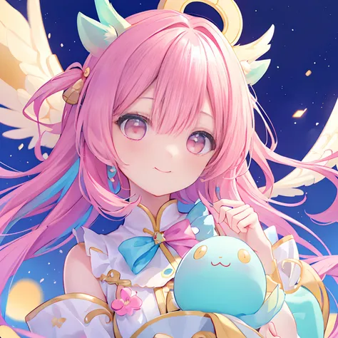 masutepiece, (1girl in), Idol,Looks fun with a big smile， ((Close-up Face)), Big eyes, It seems that the eyes are shining、Kawaii Tech, kawaii, Cute, Pastel colors,Hair color is pastel、 (Best Quality),Mystical deep background of the sky, Symmetrical, Head T...