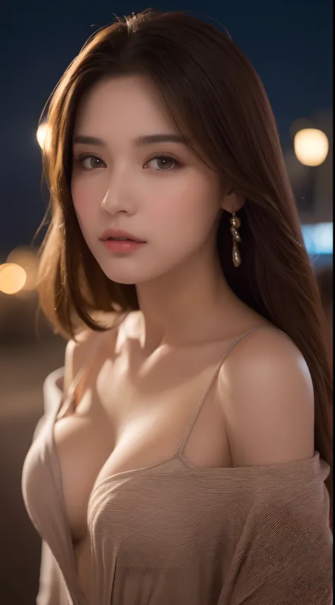 ((Night Scene, Realistic Light, Best Quality, 8k, Masterpiece: 1.3)), 1 Girl, Slim Body Beauty: 1.4, Brown Hair, (Big: 1.3), Off Shoulder Cut Top: 1.3, Ultra Detailed Face, Detailed Eyes, Double Eyelids, Disneyland, Roller Coaster, Cleavage