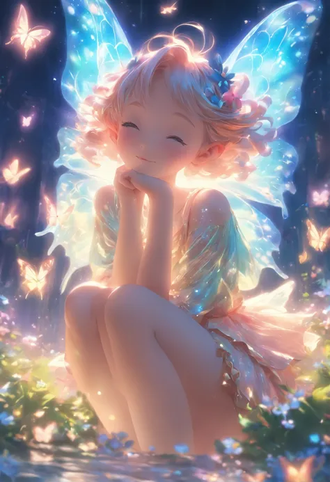 one-girl，Thighs above the knee，Elves in flowers，A pair of transparent butterfly wings，Colorful wings，（A skirt composed of petals：1.5），The petals float into the sky，（Petals of various flowers），best qualtiy，tmasterpiece，Photorealsitic，Photorealistic image qu...