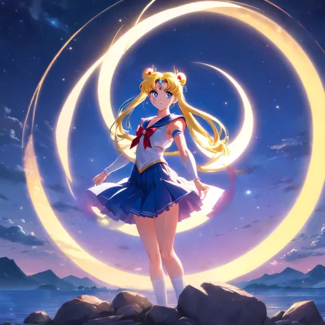 sailor moon standing on a rock against circular light background, anime style 4 k, Anime art wallpaper 8k, anime sailor moon with cosmic hair, anime art wallpaper 4k, anime art wallpaper 4k, anime wallpaper 4 k, anime wallpaper 4k, ethereal anime, 4k anime...