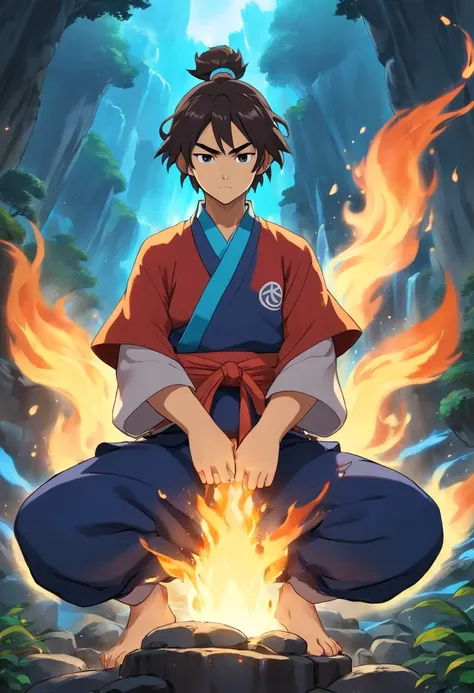 anime do studio ghibli |, melhor qualidade, anime, 1st grade, Ryu, Fire Nation Clothing, Ryu (Sopro de Fogo), masculino, universo (avatar the last airbender), sozinho, cabelos pretos, fire, Chamas azuis, chamas pelo corpo, Escuro, Cabelo samurai, olhos fec...