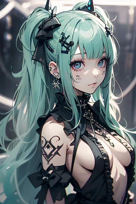 maid clothes、Green hair、miku hatsune、Twin-tailed、piercings、耳Nipple Ring、The tattoo、goth_punk, 1girl in, 独奏,、top-quality, Photorealistic, An ultra-fine illustrations, beautiful attractive anime girl, miku hatsune, Slender body, Tied hair, one girls, a photo...