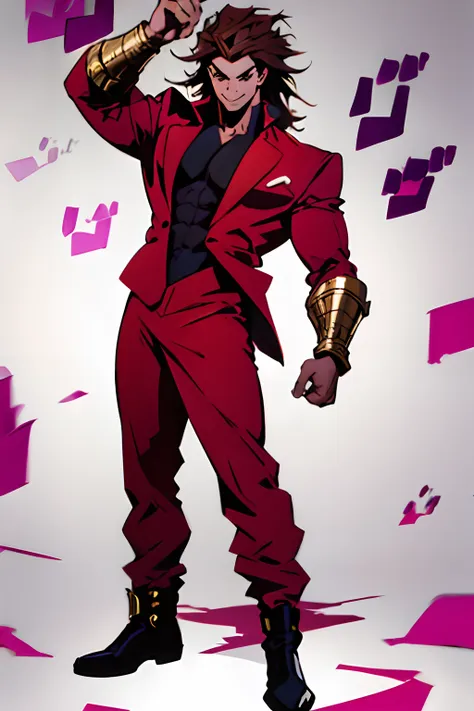 black young guy, red suit, messy hair, brown hair, smile, lindo, jojo pose, show