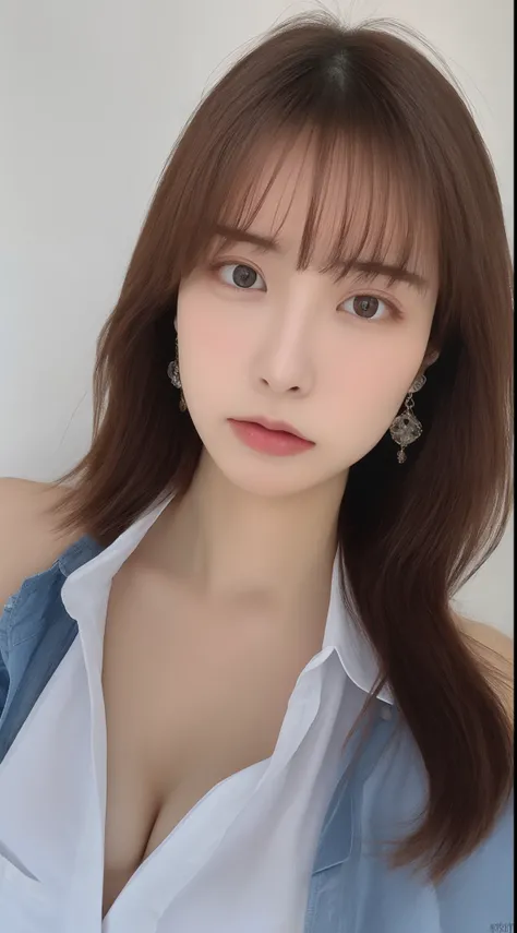 (masutepiece:1.2), Realistic, Photo of 24 years old.Girl in loose shirt(Unbuttoned shirt), half , Best Quality, Big breasts, Bare shoulders, cleavage,  [[Hands hidden behind the back]], earrings, Complete shirt, Solo, [SFW],Big buttocks