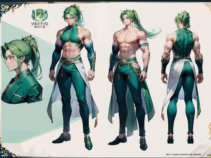 ((Masterpiece, Highest quality)), Detailed face, character design sheet， full bodyesbian, Full of details, frontal body view, back body view, Highly detailed, Depth, Many parts, Muscle boy with ponytail long green hair，handsome man, muscle body, white outf...