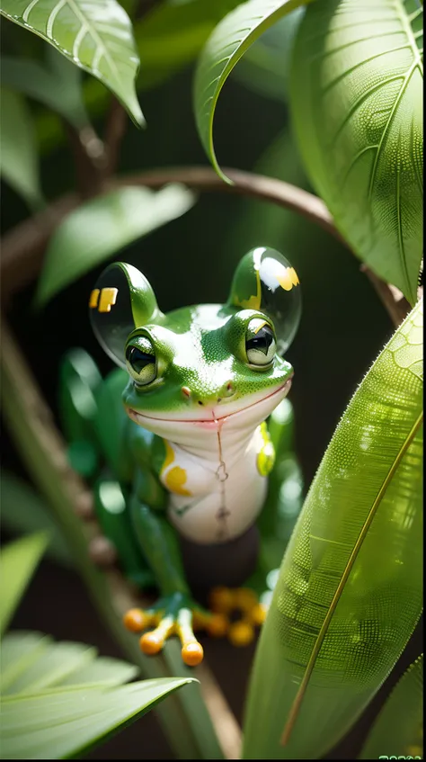 transparent glass frog transparent green glass body frog head realistic photo, walking with headphones on the head, Amazon rainforest, very green river in the background of the scene, smille, life style --auto --s2