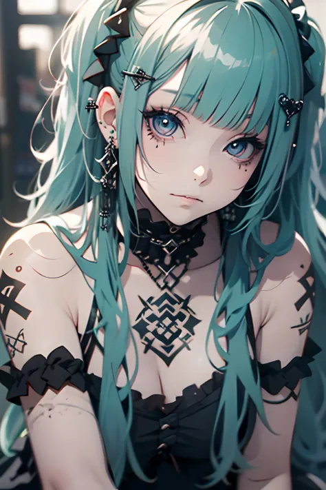 all-fours、yes、Huza、maid clothes、Green hair、miku hatsune、Twin-tailed、piercings、耳Nipple Ring、The tattoo、goth_punk, 1girl in, 独奏,、top-quality, Photorealistic, An ultra-fine illustrations, beautiful attractive anime girl, miku hatsune, Slender body, Tied hair,...