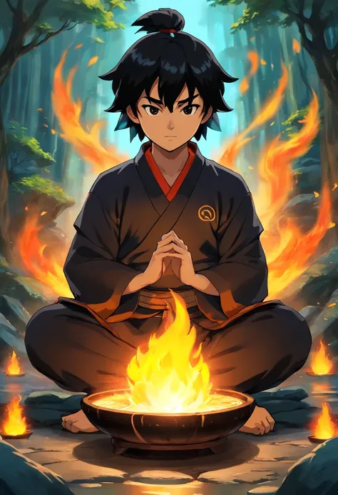 anime do studio ghibli |, melhor qualidade, anime, 1st grade, Ryu, Fire Nation Clothing, Ryu (Sopro de Fogo), masculino, universo (avatar the last airbender), sozinho, cabelos pretos, fire, Fogo azul, chamas azuis pelo corpo, Escuro, Cabelo samurai, olhos ...