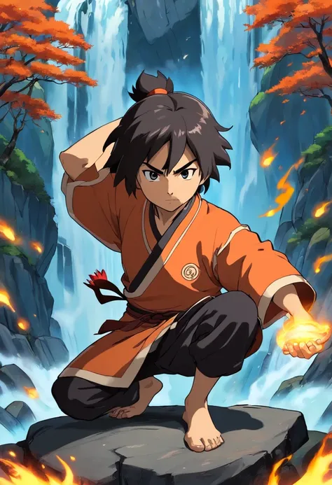 anime do studio ghibli |, melhor qualidade, anime, 1st grade, Ryu, Fire Nation Clothing, Ryu (Sopro de Fogo), masculino, universo (avatar the last airbender), sozinho, cabelos pretos, fire, Fogo azul, chamas azuis pelo corpo, Escuro, Cabelo samurai, olhos ...