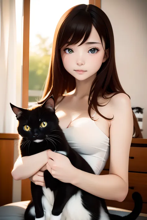 top-quality、Girl holding a black cat、Realistic people:1.5、Black cat、Natural look、longshot、Natural light