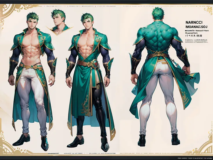 ((Masterpiece, Highest quality)), Detailed face, character design sheet， full bodyesbian, Full of details, frontal body view, back body view, Highly detailed, Depth, Many parts, Muscle boy with green hair，handsome man, muscle body, white outfit male gods, ...