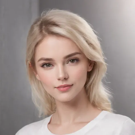 (photo: 1.3) af (realism: 1.4), (((white T-shirt))), (blond lady), super high resolution, (realism: 1.4), 1 girl, female avatar, soft light, Short hair, facial focus, cheerful, young, confident, ((gray background)), (((monochrome background))), high defini...