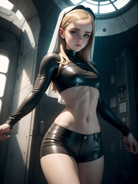 teen emma watson as a nun blonde. freckles. sparkly blue eyes that speak of innocence and acceptance. Slender frame and beautiful figure. tight leather shorts. crop top. outside a spaceship. ripped clothes exposing muscle. sci-fi. from the back. looking ba...