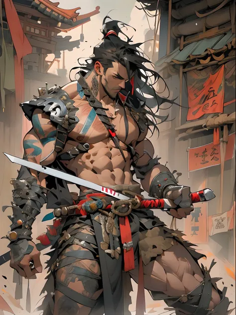 (((mtu))), (((best qualityer))), (((tmasterpiece))), (((AS-Adult))), ((( Japanese ))), Look up from your knees, Handsome Asian samurai，perfect body figure, Modern samurai, ((( Asian))), Wear gloves on your hands，The left arm is made of steel and metal tips...