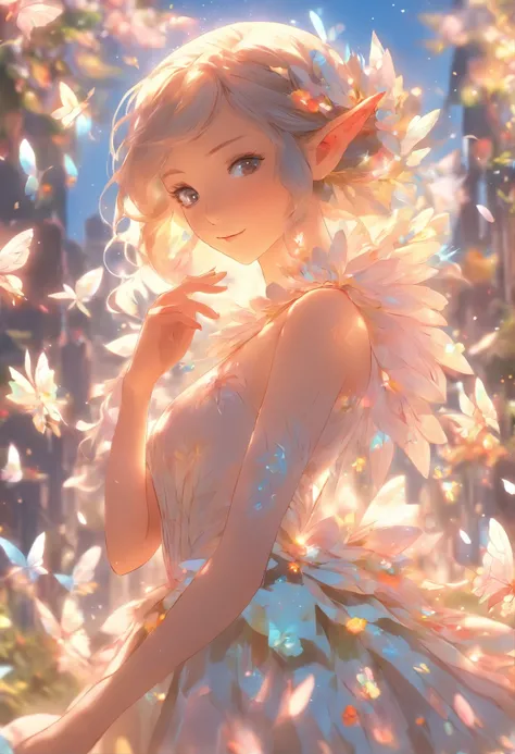 one-girl，Elf in flowers，A pair of transparent elf wings，A skirt made up of petals，Petals drifting towards the sky，（More than 20 kinds of flowers），（Petals of various flowers），