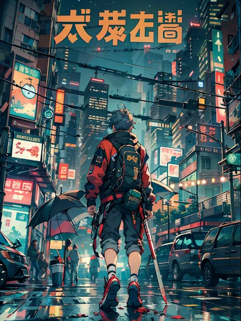 1boy,a 13 yo boy、Cyberpunk Boy、katanas,machine gun、Whole body bloody、The beginning of the adventure、Lots of clouds,heavy fog、starrysky、Moon,Chaotic city of the future、Movie dystopia、A group of very tall skyscrapers stands in the center、Very complex citysca...