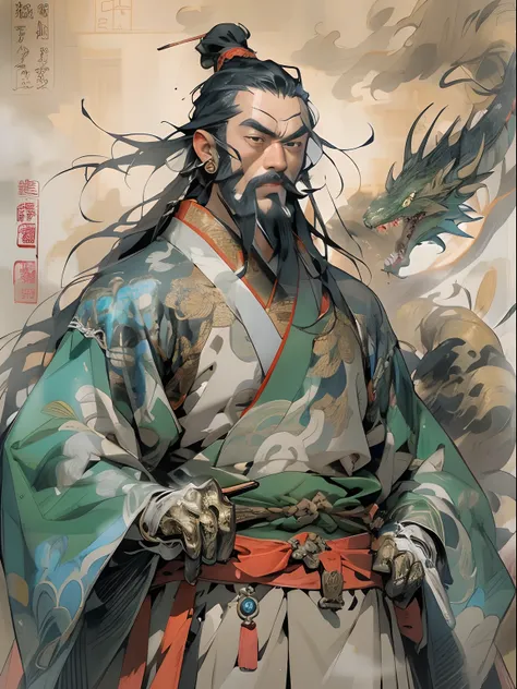 (((China-style，Ink painting method，Half-length portrait，Intense color，Han dynasty, China，Hanfu，Armor，Guan yu，Guan Yunchang，of a guy，Ruddy killing square face，Hold the Blue Dragon Moon Knife in his right hand，Stroke your beard with your left hand，Long hair，...