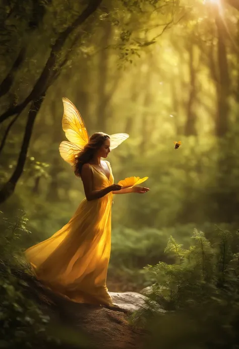 "Produza uma imagem de uma abelha, que destaque-a em pleno voo na Floresta mistica. The bee is portrayed up close, with her wings flapping rapidly as she sails deftly among the mystical trees. The scenery around the bee is a lovely forest, with mysterious ...