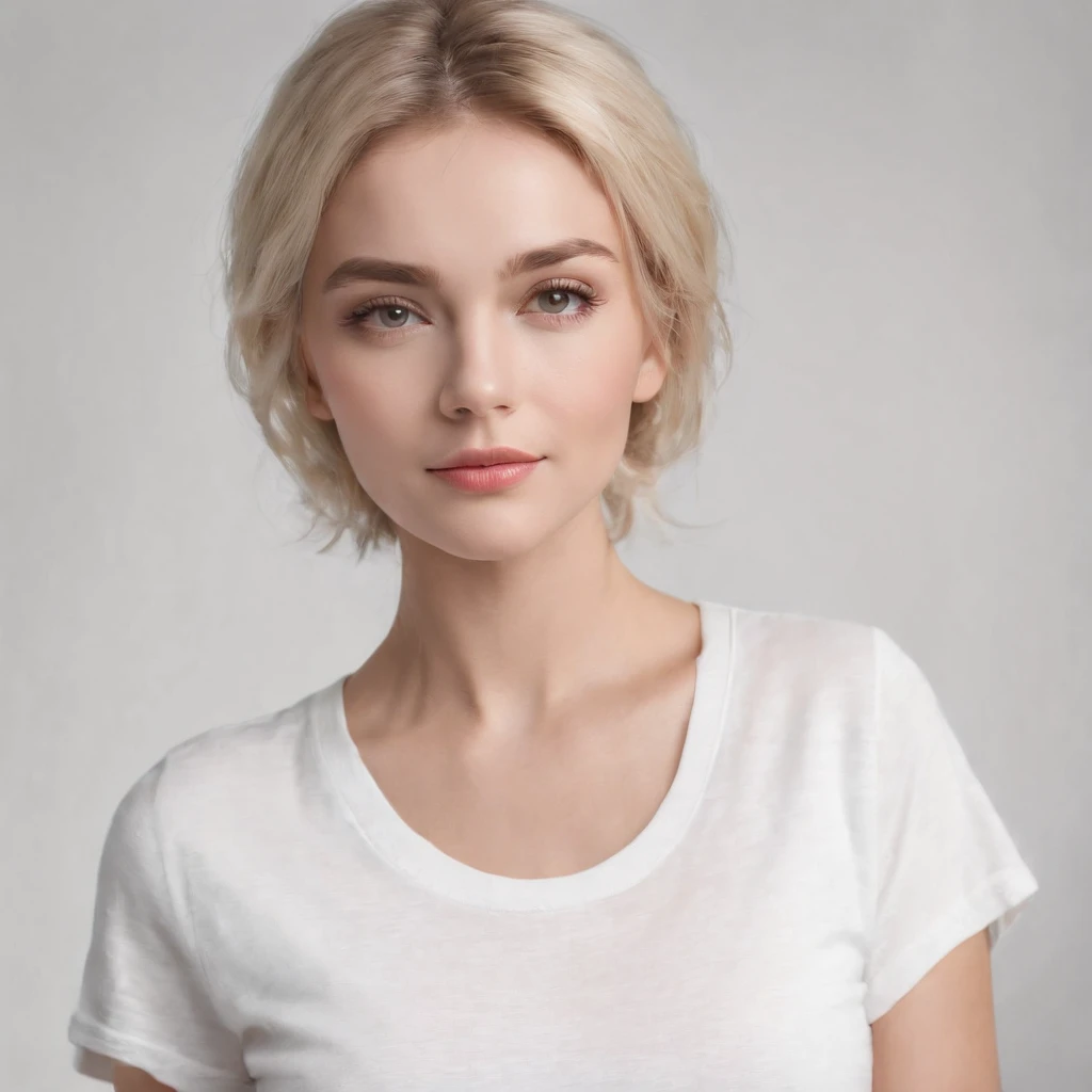 (photo: 1.3) af (realism: 1.4), (((white T-shirt))), (blond lady), super high resolution, (realism: 1.4), 1 girl, female avatar, soft light, Short hair, facial focus, cheerful, young, confident, ((gray background)), (((monochrome background))), high defini...