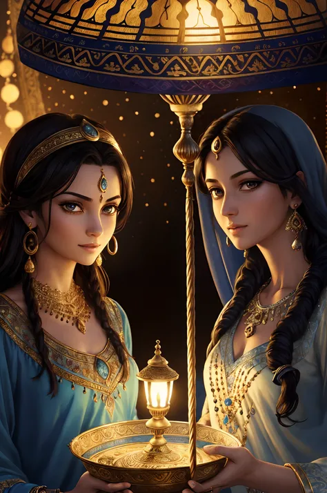 top quality, best quality, High-quality illustrations, masterpiece, super high resolution, detailed background, detailed background, Aladdin, The Arabian Nights Entertainment, Sassanid, turkish lamp,group shot:0.1,  6+women, 6+girls, absurdres(highly detai...