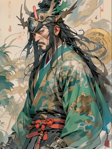 (((China-style，Ink painting method，Half-length portrait，Intense color，Han dynasty, China，Hanfu，Armor，Guan yu，Guan Yunchang，of a guy，Ruddy killing square face，Hold the Blue Dragon Moon Knife in his right hand，Stroke your beard with your left hand，Long hair，...