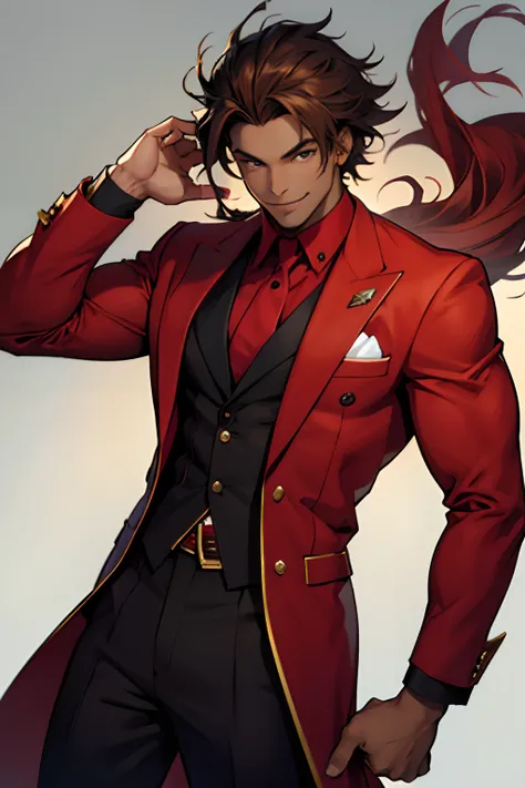 black young guy, red suit, messy hair, brown hair, smile, lindo, stylish pose, show, defined, forte