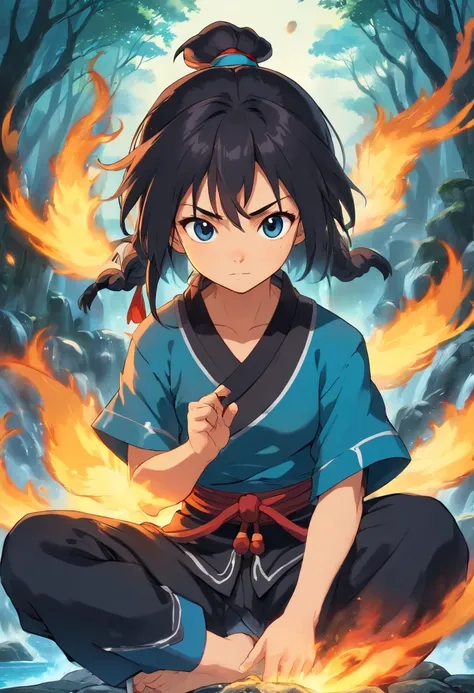 anime do studio ghibli |, melhor qualidade, anime, 1st grade, Ryu, Fire Nation Clothing, Ryu (Sopro de Fogo), masculino, universo (avatar the last airbender), sozinho, cabelos pretos, fire, fogo azul com brasa negros, fogo azul pelo corpo, fogo com a devid...