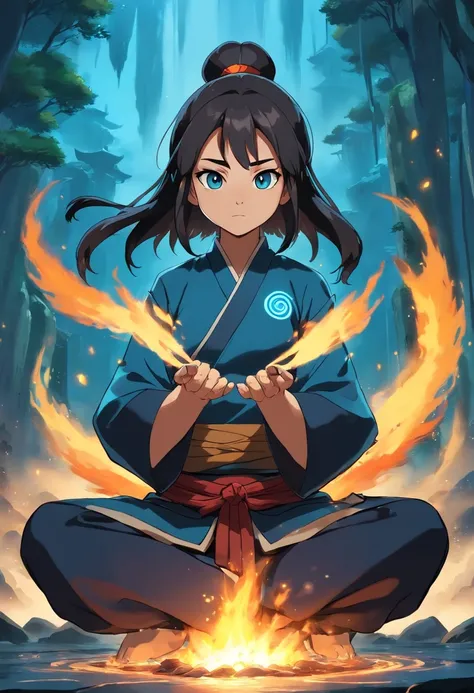 anime do studio ghibli |, melhor qualidade, anime, 1st grade, Ryu, Fire Nation Clothing, Ryu (Sopro de Fogo), masculino, universo (avatar the last airbender), sozinho, cabelos pretos, fire, fogo azul com brasa negros, fogo azul pelo corpo, fogo com a devid...