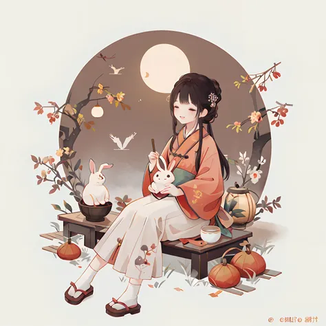 （A rabbit：1.4）, sat on the ground, Looking up, Mid-Autumn Festival atmosphere, Chinese Traditional illustration style, Digital art, Simple background, Masterpiece on white background, Best quality, Ultra-detailed, High quality, 4K