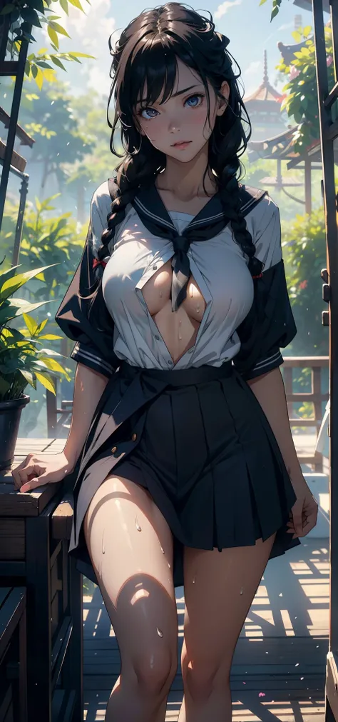 1female，25 age old，Slim，Large breasts，long leges，Big breasts Thin waist，Pornographic exposure， 独奏，（Background with：bamboo forrest，Stand in a sea of flowers，in summer） She has short black hair，standing on your feet，Sweat profusely，drenched all over the body...