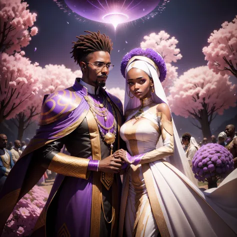 African man wedding African woman with congregation watching them, all wearing African traditional clothes in an African futuristic Exo planet, falling purple petals in scene, the whole scene in white colour, white smoke in scene, with iridescent light, ph...