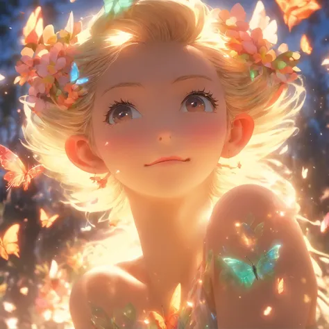 one-girl，closeup cleavage，Elves in flowers，A pair of transparent butterfly wings，Colorful wings，（A skirt composed of petals：1.5），The petals float into the sky，（Petals of various flowers），best qualtiy，tmasterpiece，Photorealsitic，Photorealistic image quality...