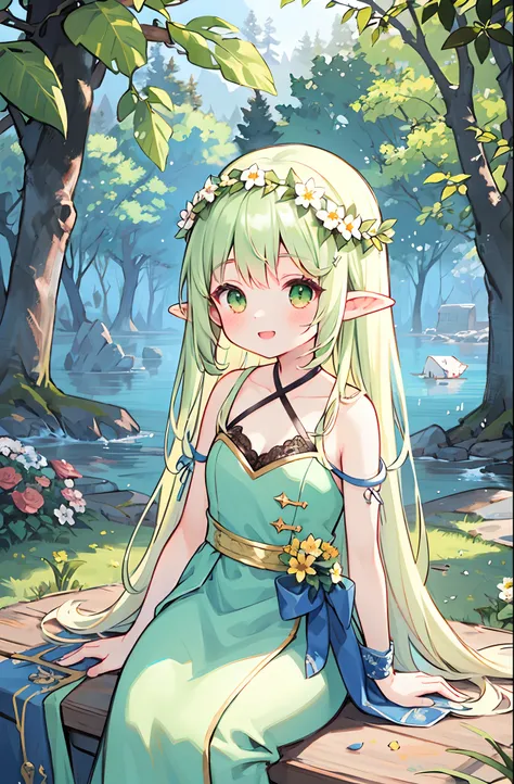 Masterpiece, best quality, illustration, colorful, landscape, fantasy, forest, 1girl, girly, face focus, skinny, bare shoulders, clavicle, detailed golden long hair, green eyes, pointy ears, holy smile , wreath, white dress, holy light, forest, sea of tree...