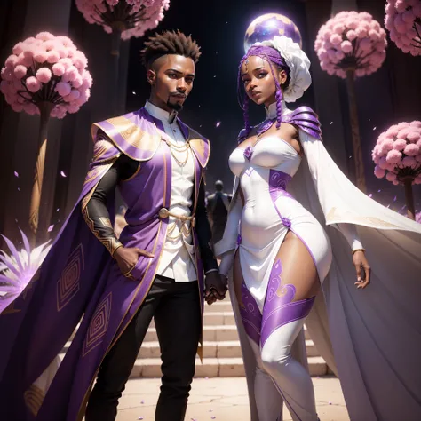 African man wedding African woman with congregation watching them, all wearing African traditional clothes in an African futuristic Exo planet, falling purple petals in scene, the whole scene in white colour, white smoke in scene, with iridescent light, ph...