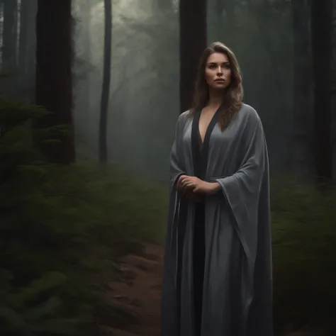 Beautiful girl in gray robe standing in dark forest, epic style, rendering by octane, desert composition, Beautiful face, Hyperrealistic, oil on the canvas, Award-winning, Masterpiece, trending on artstationh, by Ghibli Studio