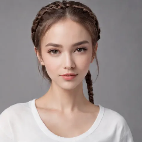 (Photo: 1.3) af (Reality: 1.4), (((White T-shirt))), (Lady with braids), super high resolution, (Reality: 1.4), 1 girl, female avatar, soft light , short hair, facial focus, cheerful, young, confident, ((gray background)), (((monochrome background))), high...