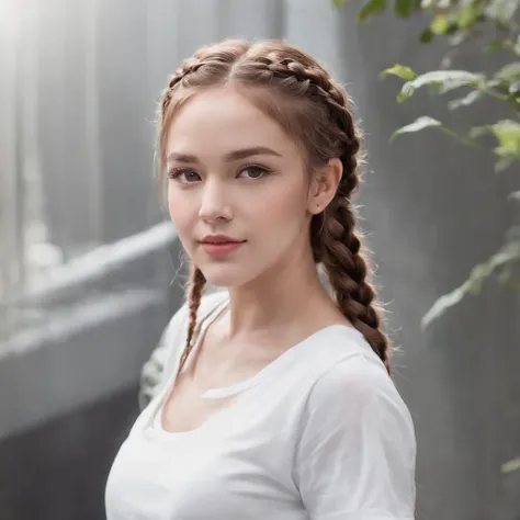 (Photo: 1.3) af (Reality: 1.4), (((White T-shirt))), (Lady with braids), super high resolution, (Reality: 1.4), 1 girl, female avatar, soft light , short hair, facial focus, cheerful, young, confident, ((gray background)), (((monochrome background))), high...