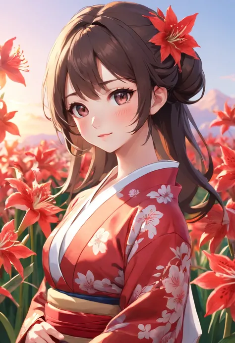 Ultra-realistic half-body portrait in 8k resolution of a girl in a red kimono, Highly stylized ultra-realistic illustrations,  (Cluster amaryllis field background, Red background), 
BREAK, 
(1 girl in red kimono:1.3, Solo), (Kimono model), (u pupuer bo dy ...