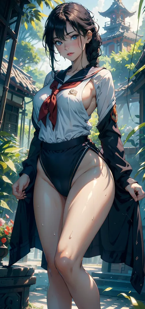 1female，25 age old，Slim，Large breasts，long leges，Big breasts Thin waist，Pornographic exposure， 独奏，（Background with：bamboo forrest，Stand in a sea of flowers，in summer） She has short black hair，standing on your feet，Sweat profusely，drenched all over the body...