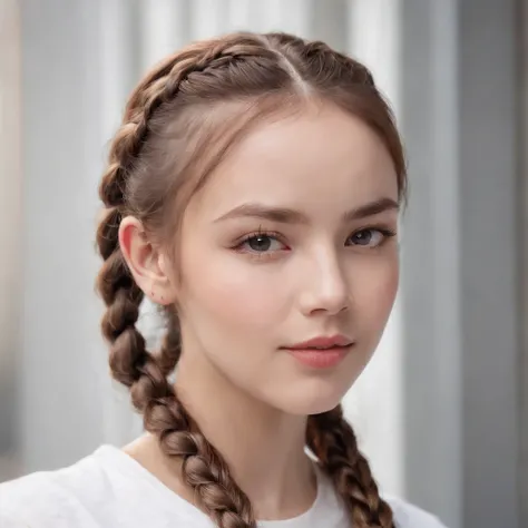 (Photo: 1.3) af (Reality: 1.4), (((White T-shirt))), (Lady with braids), super high resolution, (Reality: 1.4), 1 girl, female avatar, soft light , short hair, facial focus, cheerful, young, confident, ((gray background)), (((monochrome background))), high...