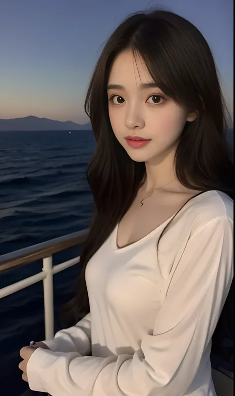 （Original photo of 8K，best qualtiy，tmasterpiece：1.2），（Medium view），the night，Night on a yacht，Sea and night view in the background，best qualtiy，tmasterpiece，（Small mouth：1.2），short- sleeved，short- sleeved，short- sleeved，short- sleeved，an extremely delicate...