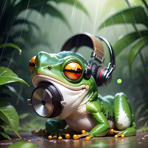 scene, rain forest amazon, futuristic radio, wireless, frog, headphone, green, realistic --auto --s2