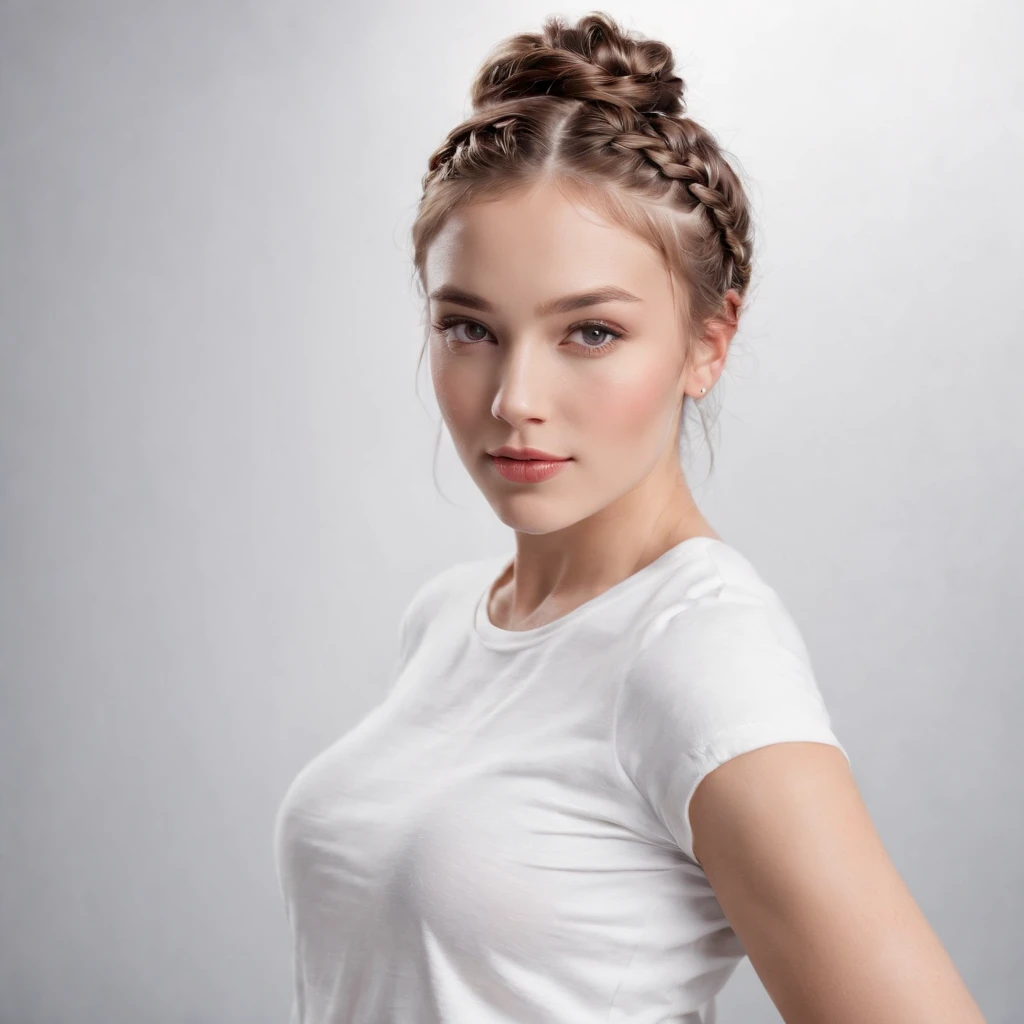 (Photo: 1.3) af (Reality: 1.4), (((White T-shirt))), (Lady with braids), super high resolution, (Reality: 1.4), 1 girl, female avatar, soft light , short hair, facial focus, cheerful, young, confident, ((gray background)), (((monochrome background))), high...