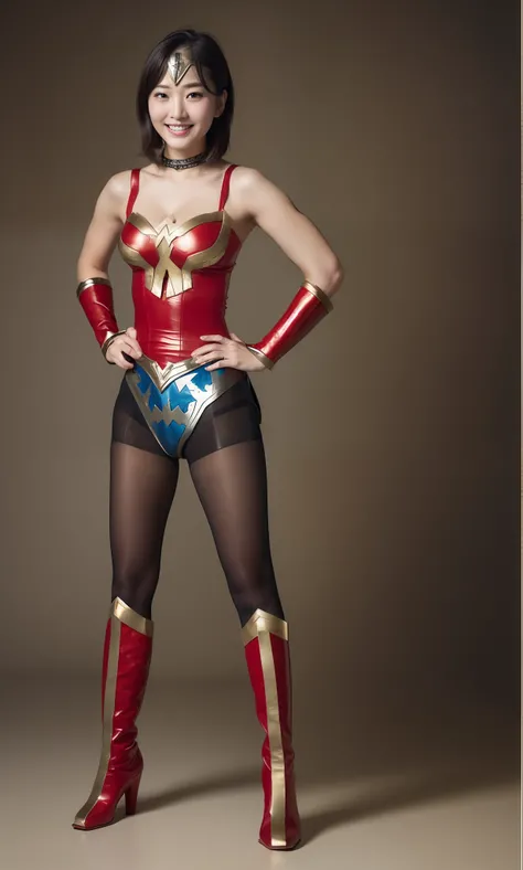 (((Make the most of the original image)))、(((Wonder Woman Costume)))、(((lustrous dark hair)))、(((Suffering)))、(((Feet must necessarily be worn with black tights)))、(((Smile)))、(((You need to wear red boots)))、((Top image quality、8K))、((top-quality、8K、​mast...