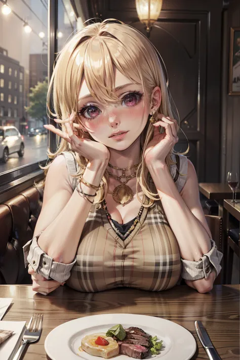 (masterpiece, best quality), 1girl, blonde hair, pink eyes, head tilt, nose blush, across table pov, huge breasts, sweater vest,...