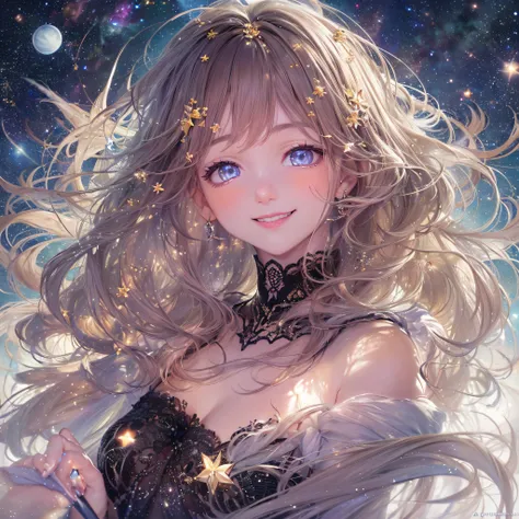 The background is the entire starry sky of the galaxy，Twinkling starlight，Boundless，Fantastic sight。Close up of smiling looking up、looking upwards、(​masterpiece、realisitic、hight resolution)、(1 girl in):1.2)、Do-Up Eye、Korean Girl、(Best Quality), (masutepiec...