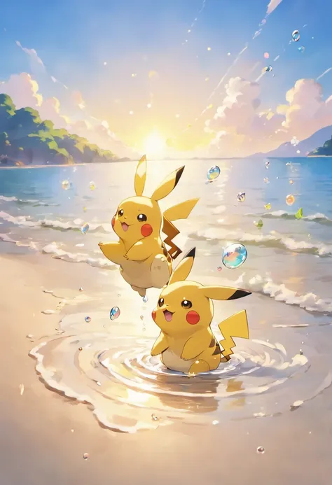 An inspiring scene in ultra-high definition 3D showing Pikachu making a wish on the shore of a tranquil lake. Pikachu, Beautifully rendered down to the smallest detail, Bubbles are seen gently blowing into the air, Each has a hopeful wish. Bubbles capture ...