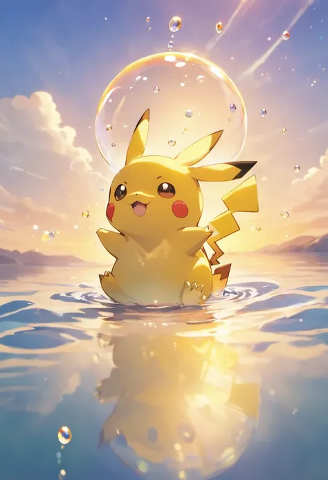 An inspiring scene in ultra-high definition 3D showing Pikachu making a wish on the shore of a tranquil lake. Pikachu, Beautifully rendered down to the smallest detail, Bubbles are seen gently blowing into the air, Each has a hopeful wish. Bubbles capture ...