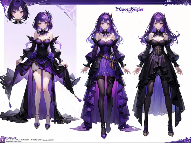 ((Masterpiece, Highest quality)), Detailed face, CharacterDesignSheet， full bodyesbian, Full of details, Multiple poses and expressions, Highly detailed, Depth, Many parts，Purple-haired beautiful girl，Slim figure，emaciated，purple dress，Purple high heels，bl...